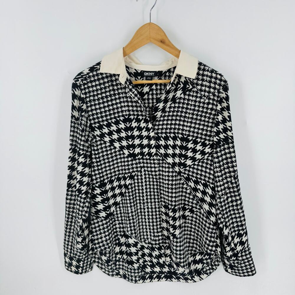 DKNY Silk Blend Houndstooth Blouse Black White Contrast Collar Size Small‎